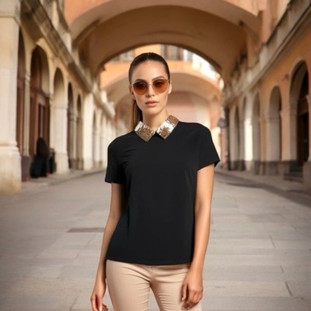 TRINA TURK Womens Top L Black Gold Embellished Pointed Flat Collar Short Sleeve